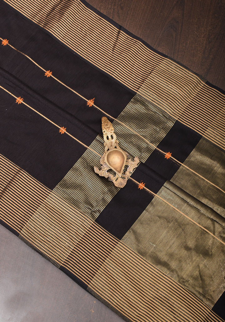Black Handwoven Zari Stripes Maheshwari Silk Cotton Saree