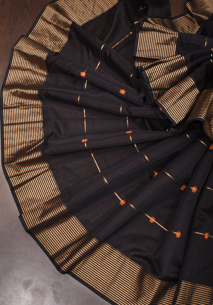 Black Handwoven Zari Stripes Maheshwari Silk Cotton Saree