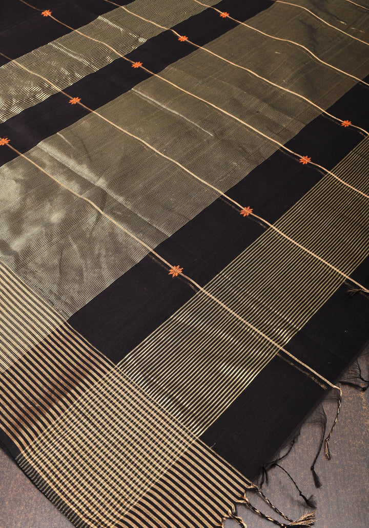 Black Handwoven Zari Stripes Maheshwari Silk Cotton Saree