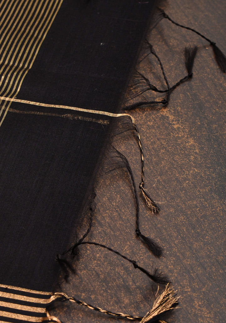 Black Handwoven Zari Stripes Maheshwari Silk Cotton Saree