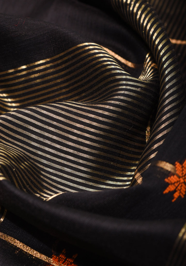 Black Handwoven Zari Stripes Maheshwari Silk Cotton Saree
