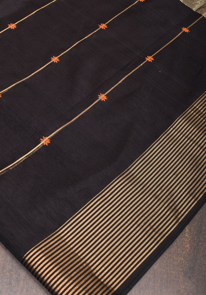 Black Handwoven Zari Stripes Maheshwari Silk Cotton Saree
