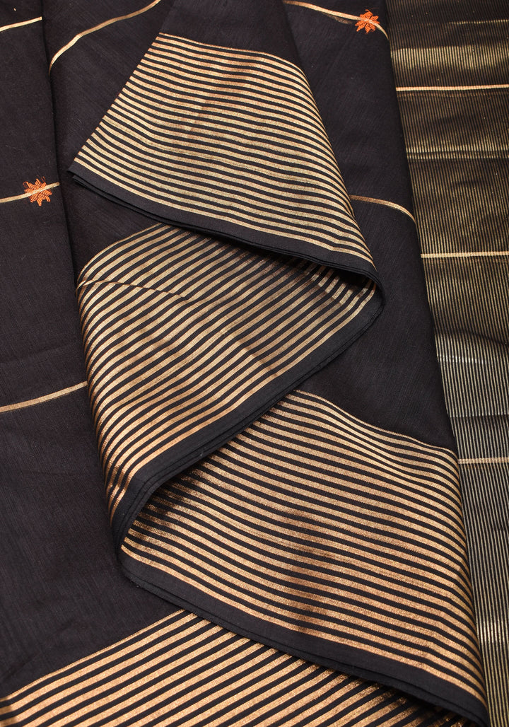 Black Handwoven Zari Stripes Maheshwari Silk Cotton Saree