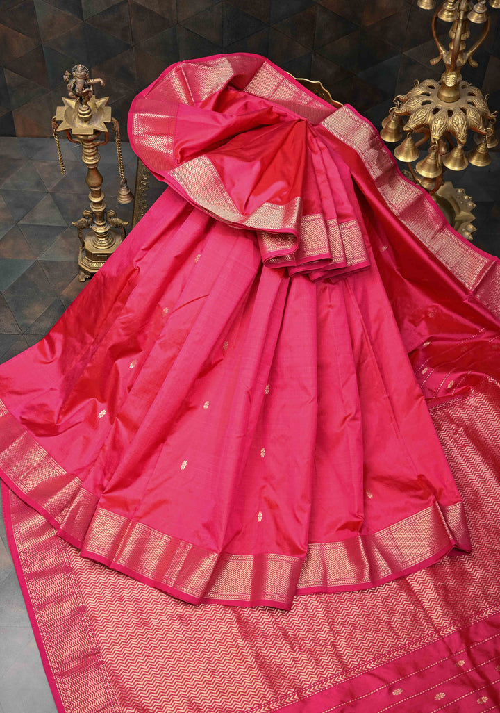 Pinkish Red Maheshwari Pure Silk Saree With Zari Buttas And Zari Border |SILK MARK CERTIFIED