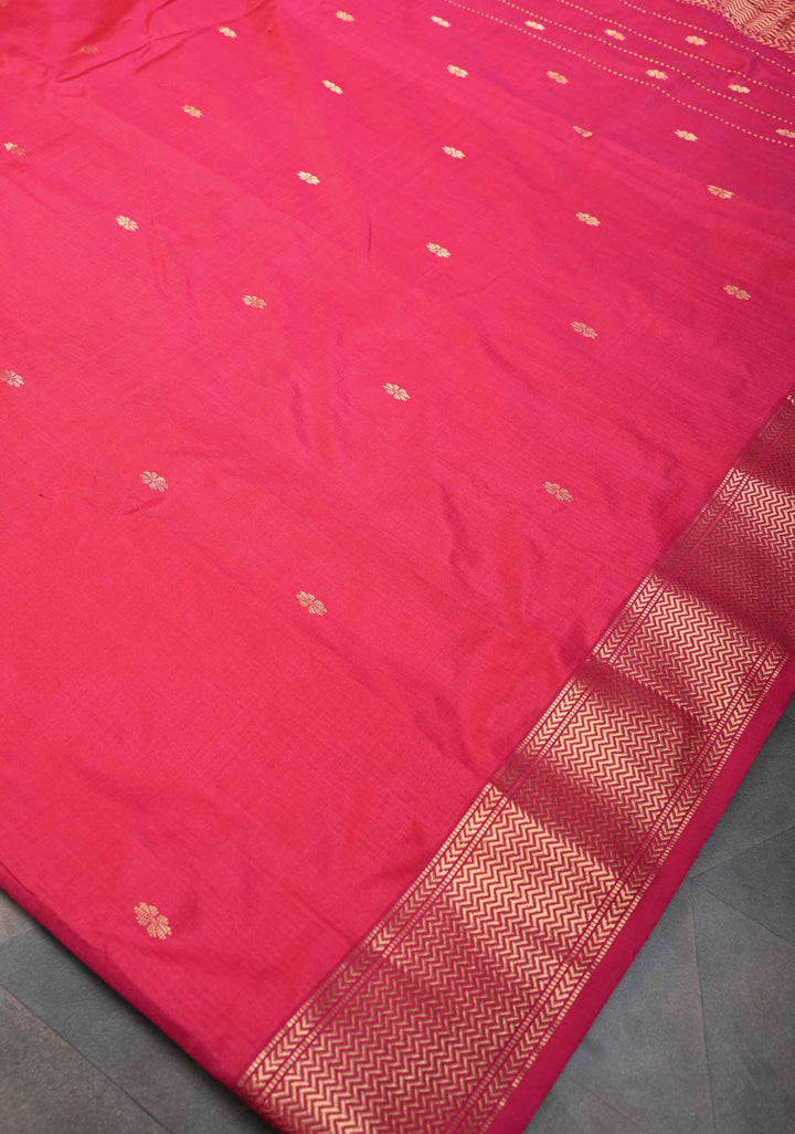 Pinkish Red Maheshwari Pure Silk Saree With Zari Buttas And Zari Border |SILK MARK CERTIFIED