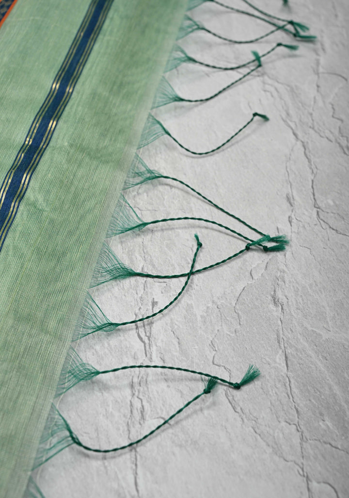 Mint Green Handwoven Maheshwari Silk Cotton Saree with Muted Stripes And Zari Border