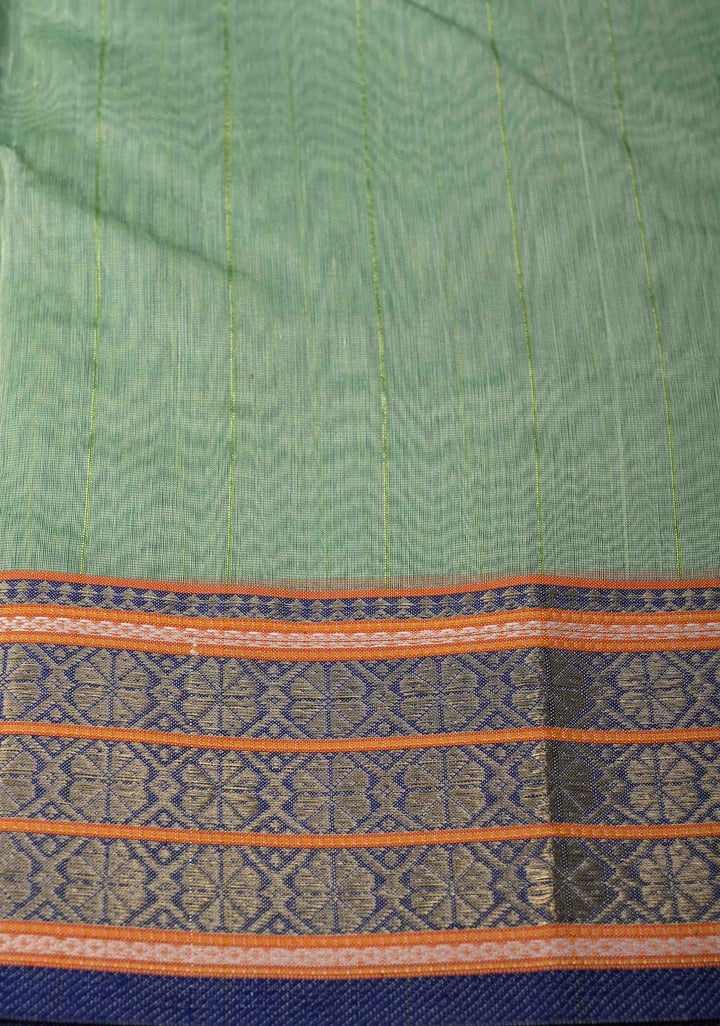 Mint Green Handwoven Maheshwari Silk Cotton Saree with Muted Stripes And Zari Border