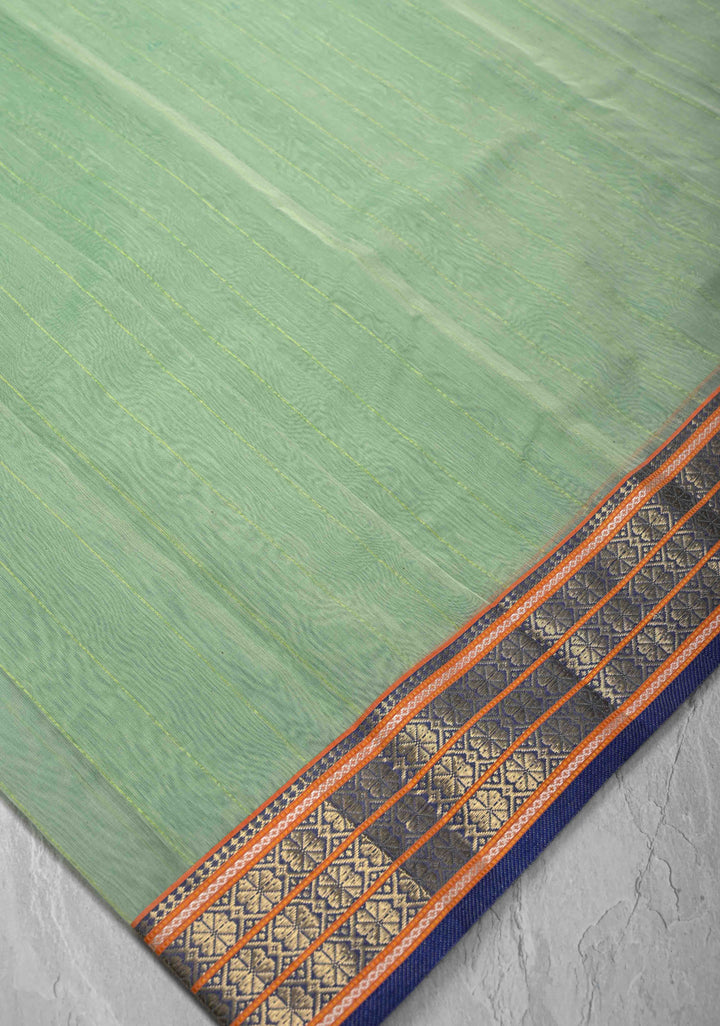 Mint Green Handwoven Maheshwari Silk Cotton Saree with Muted Stripes And Zari Border