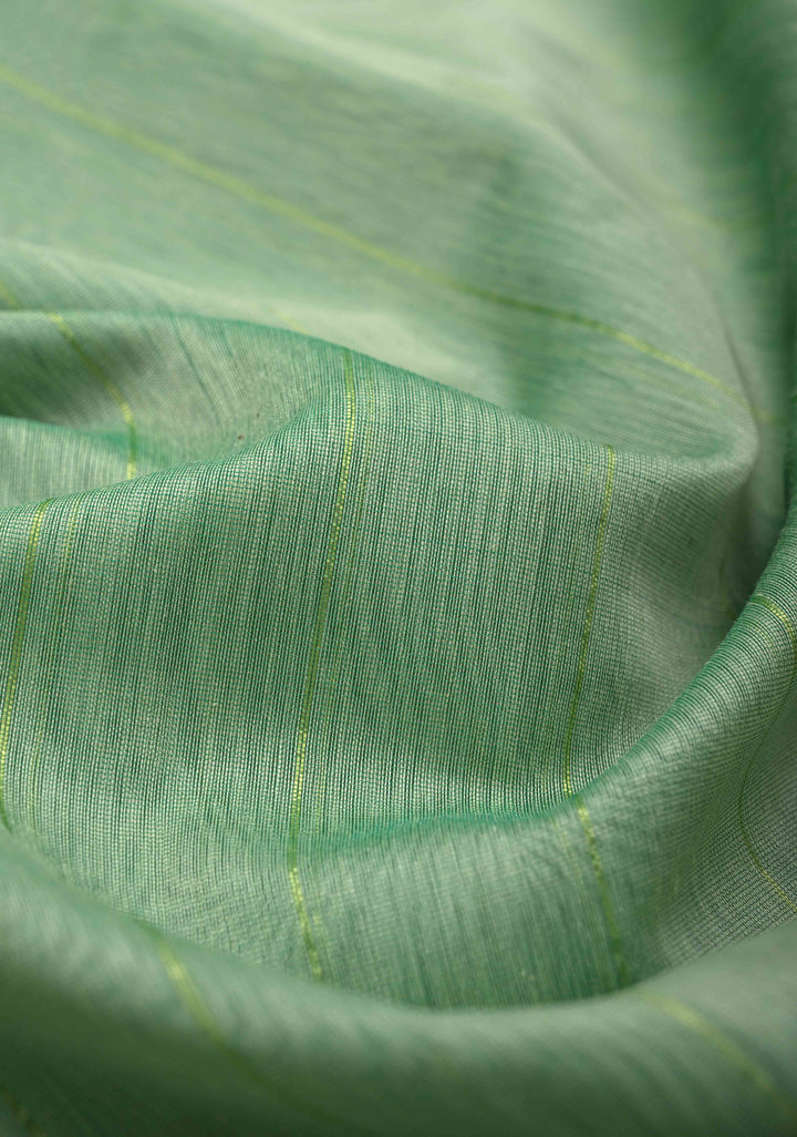 Mint Green Handwoven Maheshwari Silk Cotton Saree with Muted Stripes And Zari Border