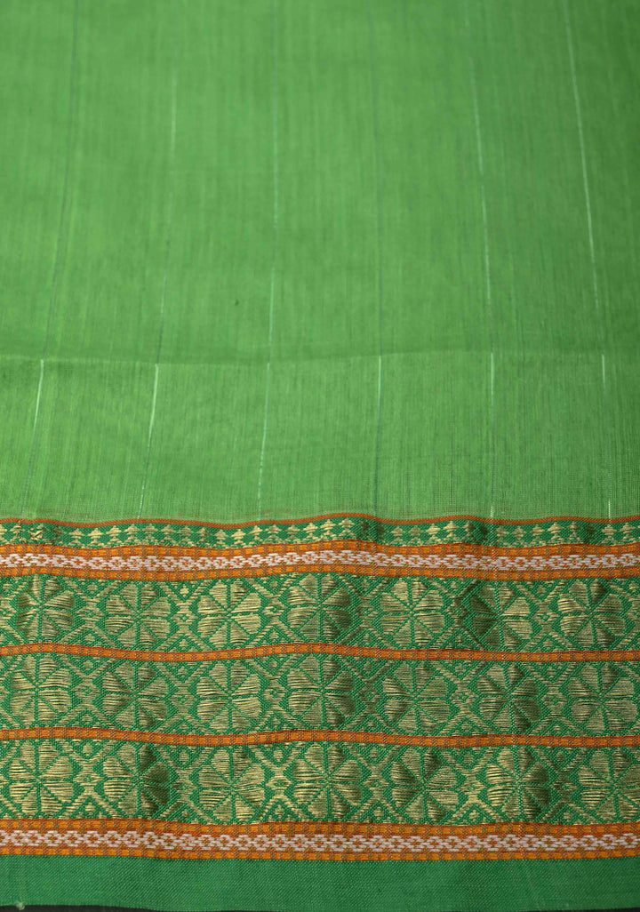 Parrot Green Handwoven Maheshwari Silk Cotton Saree with Muted Stripes and Zari Borders