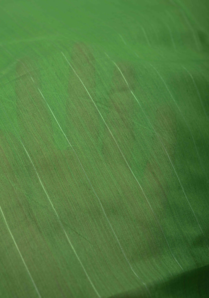 Parrot Green Handwoven Maheshwari Silk Cotton Saree with Muted Stripes and Zari Borders