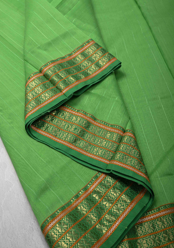 Parrot Green Handwoven Maheshwari Silk Cotton Saree with Muted Stripes and Zari Borders