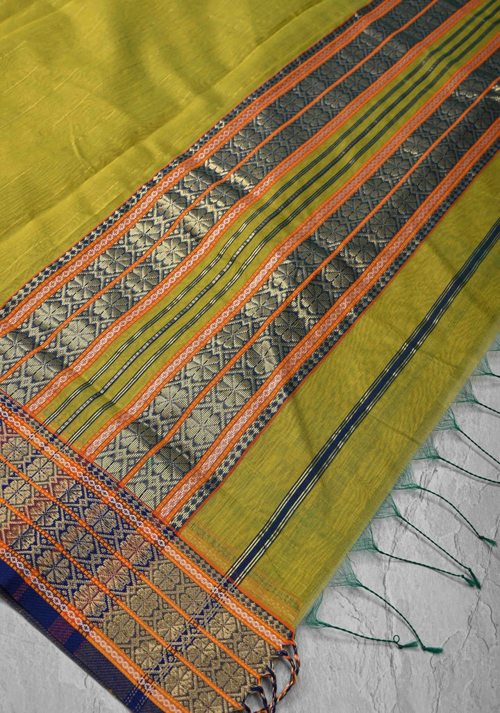 Lime Green Handwoven Maheshwari Silk Cotton Saree with Muted Stripes and Zari Borders