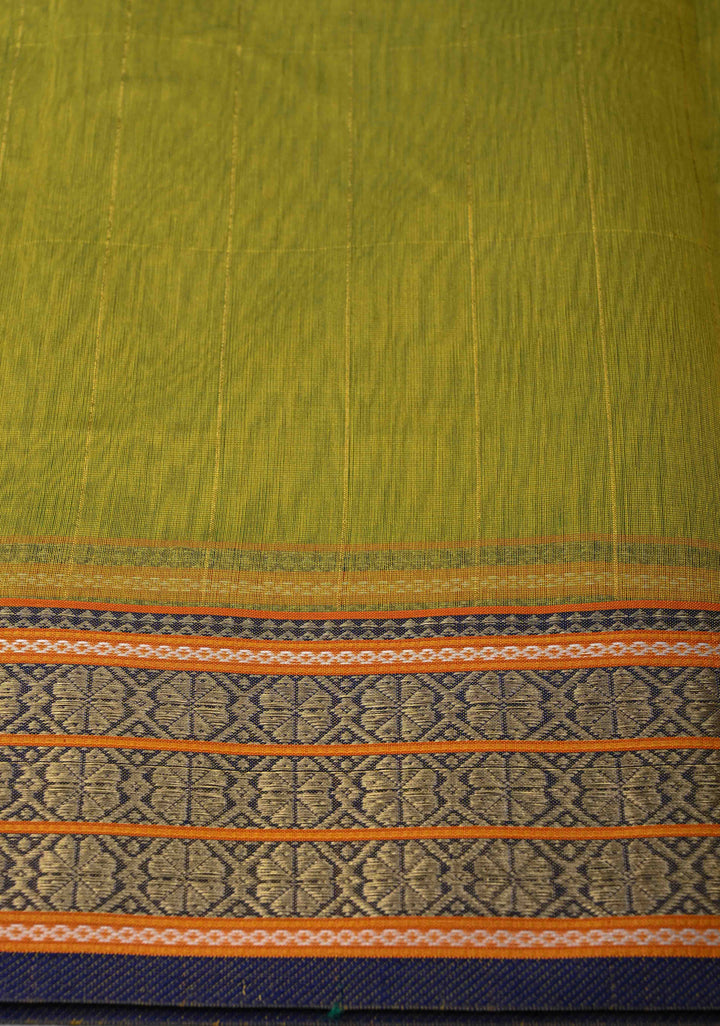 Lime Green Handwoven Maheshwari Silk Cotton Saree with Muted Stripes and Zari Borders