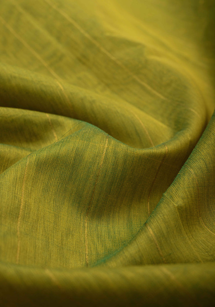 Lime Green Handwoven Maheshwari Silk Cotton Saree with Muted Stripes and Zari Borders
