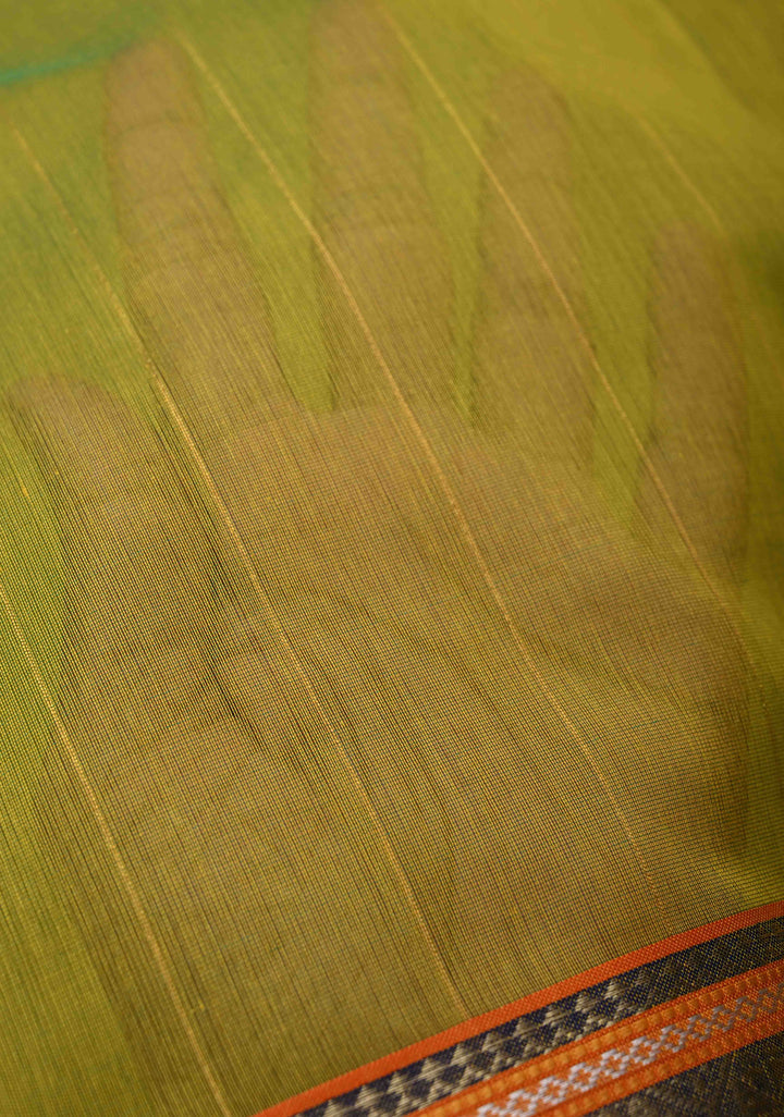 Lime Green Handwoven Maheshwari Silk Cotton Saree with Muted Stripes and Zari Borders