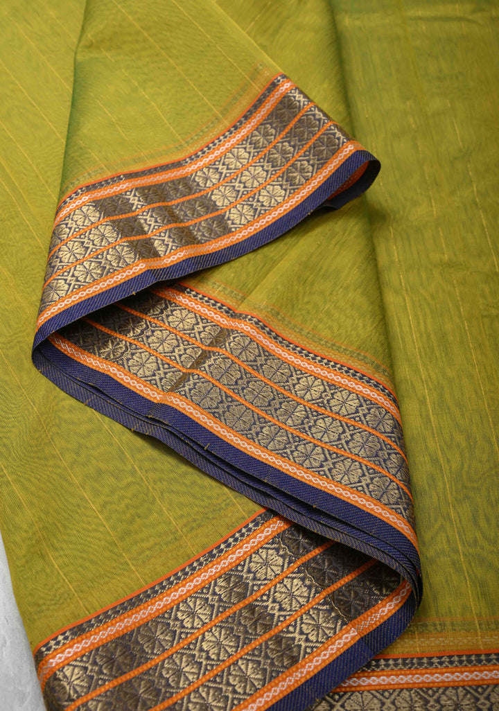 Lime Green Handwoven Maheshwari Silk Cotton Saree with Muted Stripes and Zari Borders