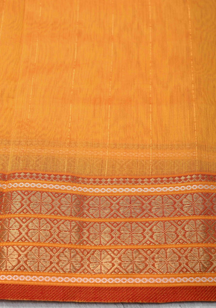 Mustard Yellow Handwoven Maheshwari Silk Cotton Saree with Muted Stripes and Zari Borders