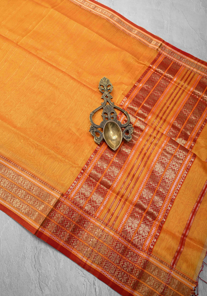 Mustard Yellow Handwoven Maheshwari Silk Cotton Saree with Muted Stripes and Zari Borders