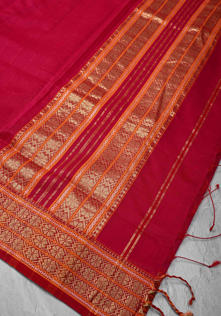 Pink Handwoven Maheshwari Silk Cotton Saree with Muted Stripes And Zari Border
