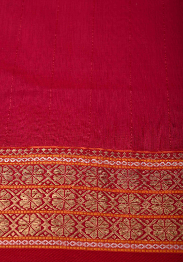 Pink Handwoven Maheshwari Silk Cotton Saree with Muted Stripes And Zari Border