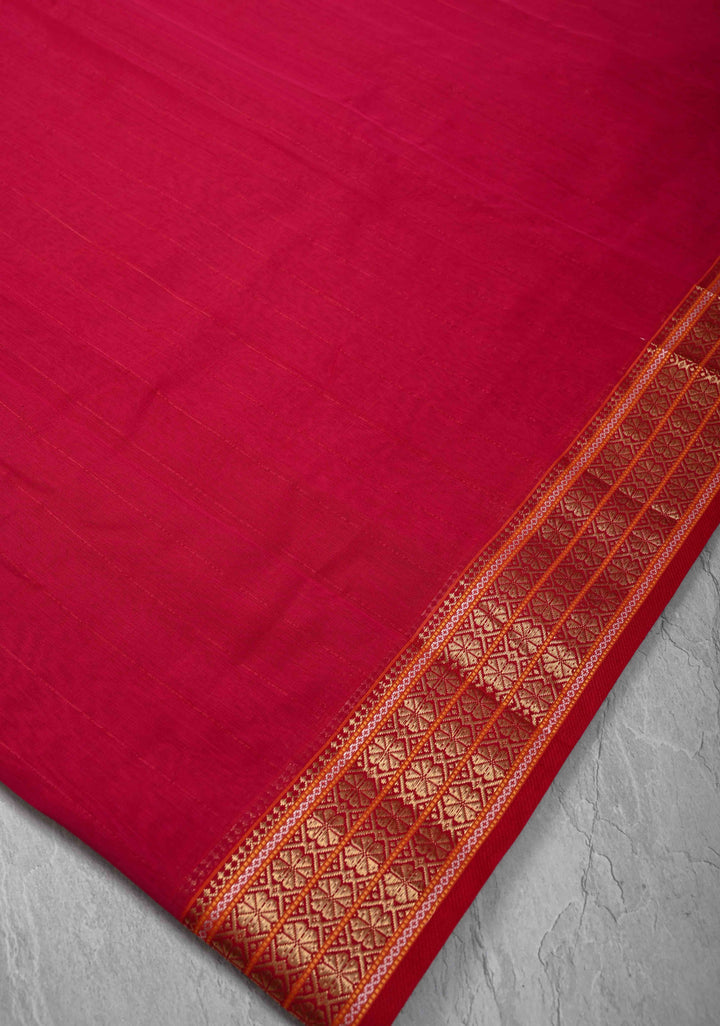 Pink Handwoven Maheshwari Silk Cotton Saree with Muted Stripes And Zari Border