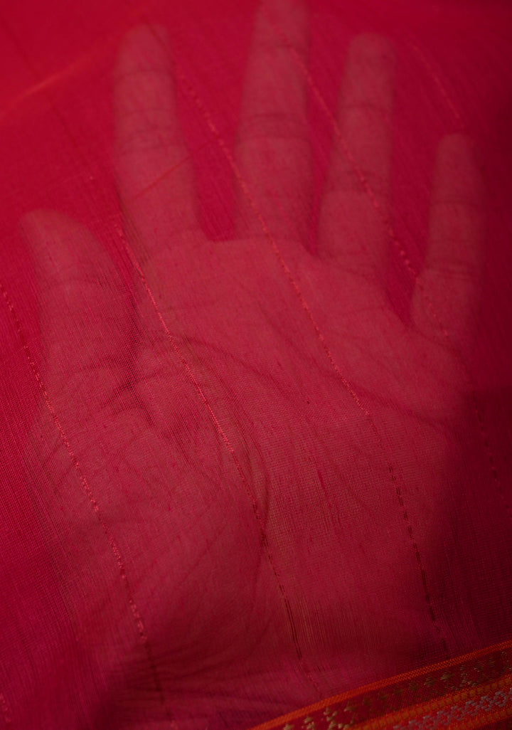 Pink Handwoven Maheshwari Silk Cotton Saree with Muted Stripes And Zari Border