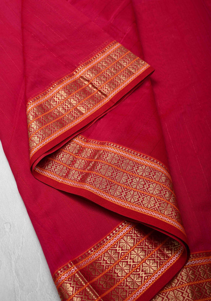 Pink Handwoven Maheshwari Silk Cotton Saree with Muted Stripes And Zari Border