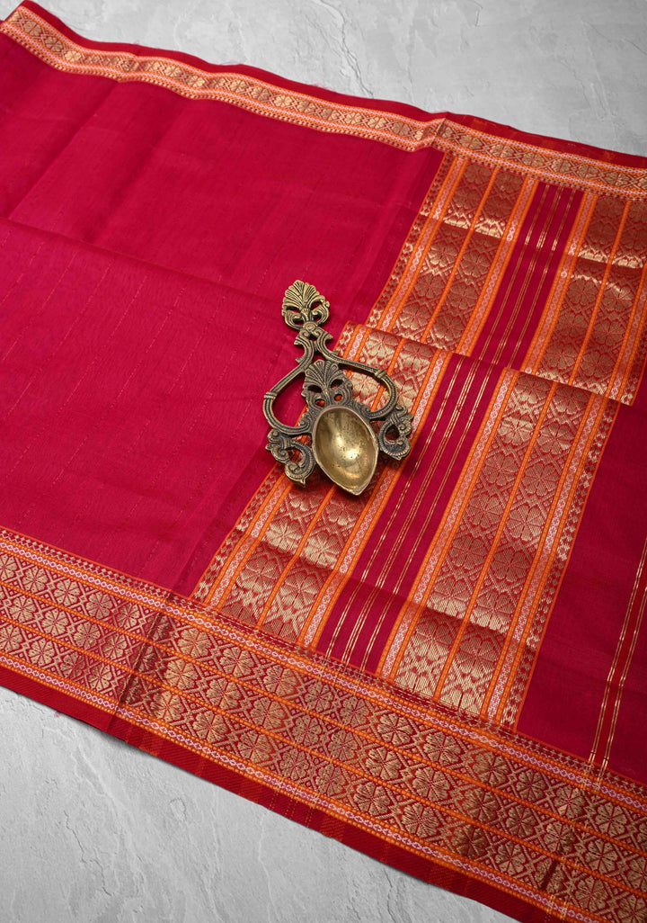 Pink Handwoven Maheshwari Silk Cotton Saree with Muted Stripes And Zari Border