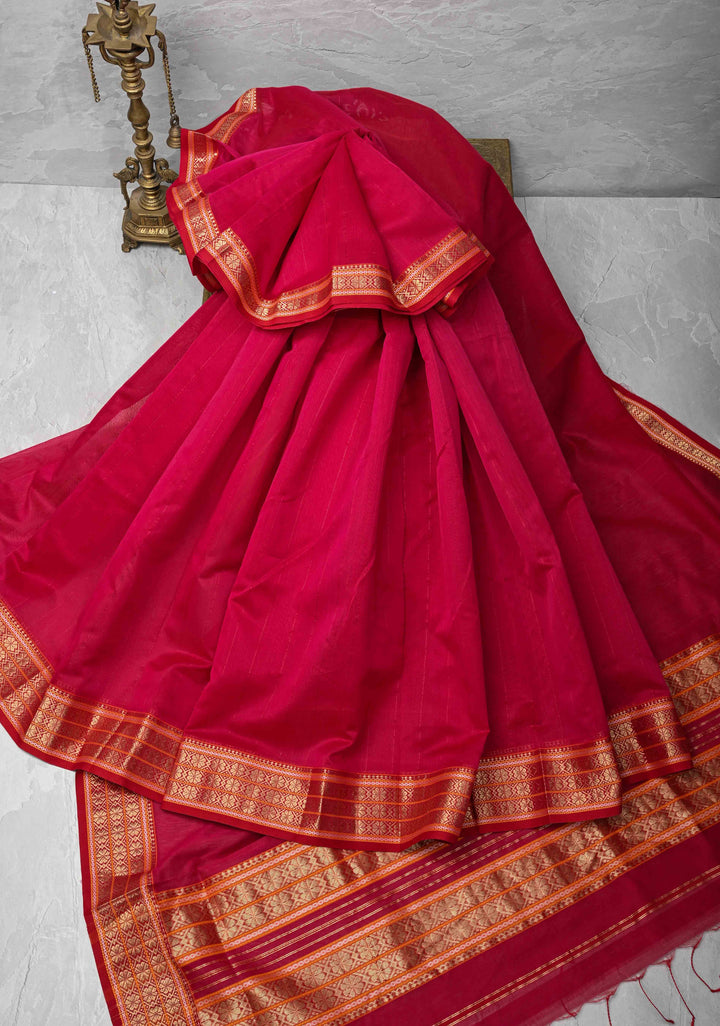 Pink Handwoven Maheshwari Silk Cotton Saree with Muted Stripes And Zari Border