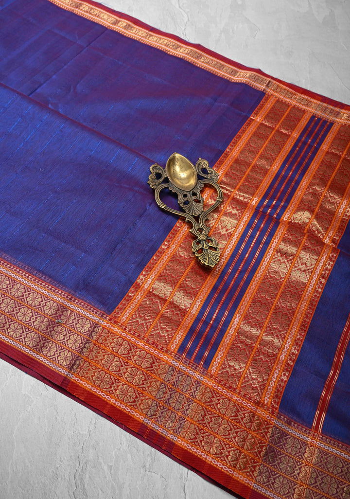 Blue Dual tone Handwoven Maheshwari Silk Cotton Saree with Muted Stripes and Zari Borders