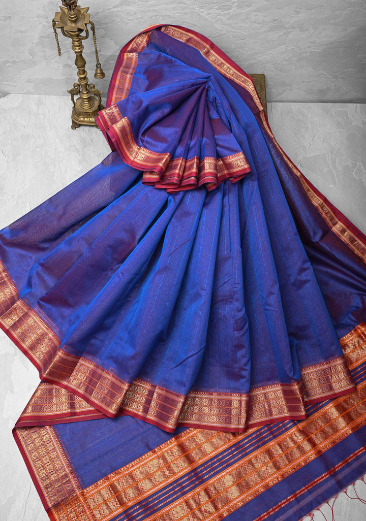 Blue Dual tone Handwoven Maheshwari Silk Cotton Saree with Muted Stripes and Zari Borders