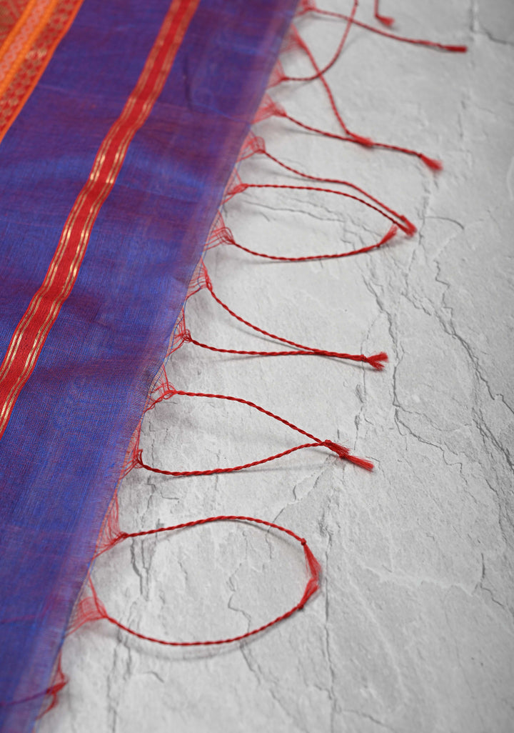 Blue Dual tone Handwoven Maheshwari Silk Cotton Saree with Muted Stripes and Zari Borders