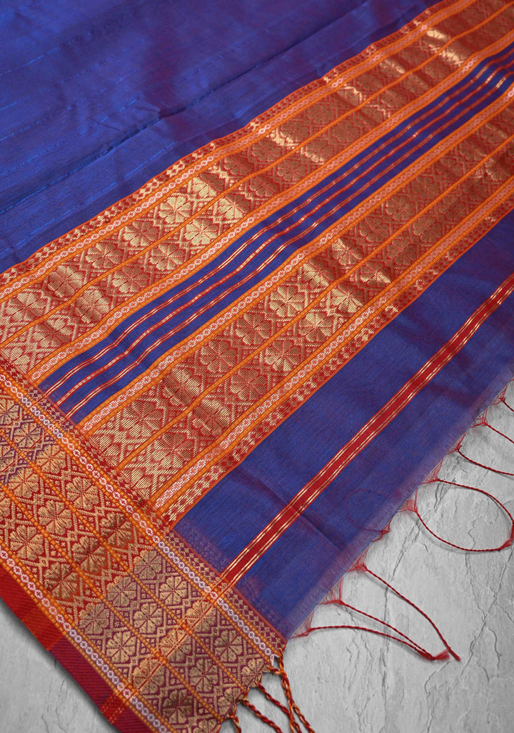 Blue Dual tone Handwoven Maheshwari Silk Cotton Saree with Muted Stripes and Zari Borders