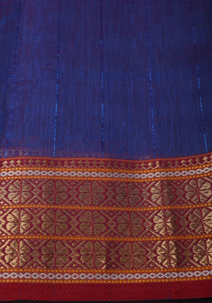 Blue Dual tone Handwoven Maheshwari Silk Cotton Saree with Muted Stripes and Zari Borders