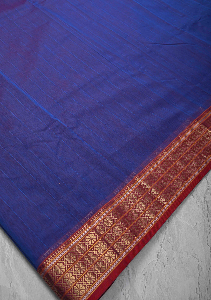 Blue Dual tone Handwoven Maheshwari Silk Cotton Saree with Muted Stripes and Zari Borders