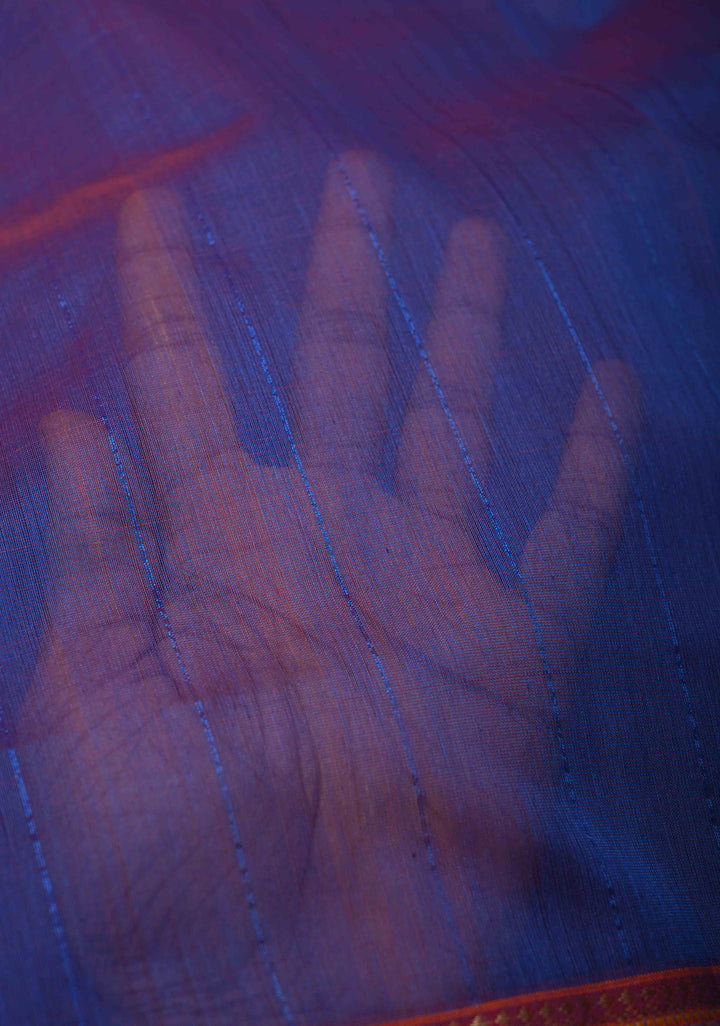 Blue Dual tone Handwoven Maheshwari Silk Cotton Saree with Muted Stripes and Zari Borders