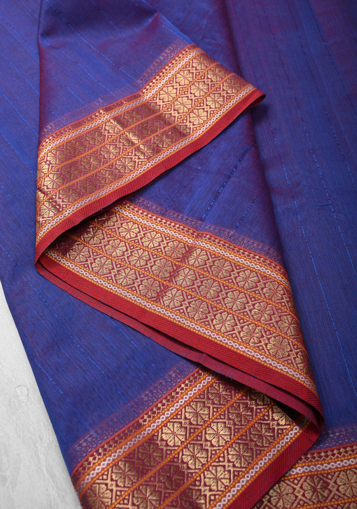 Blue Dual tone Handwoven Maheshwari Silk Cotton Saree with Muted Stripes and Zari Borders