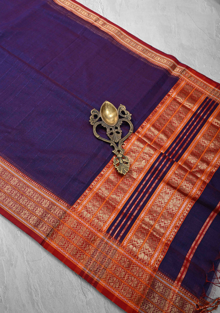 Purple Dual tone Handwoven Maheshwari Silk Cotton Saree with Muted Stripes and Zari Borders