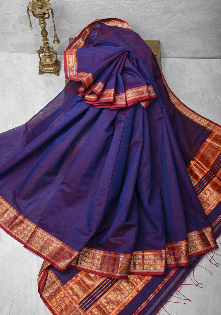 Purple Dual tone Handwoven Maheshwari Silk Cotton Saree with Muted Stripes and Zari Borders