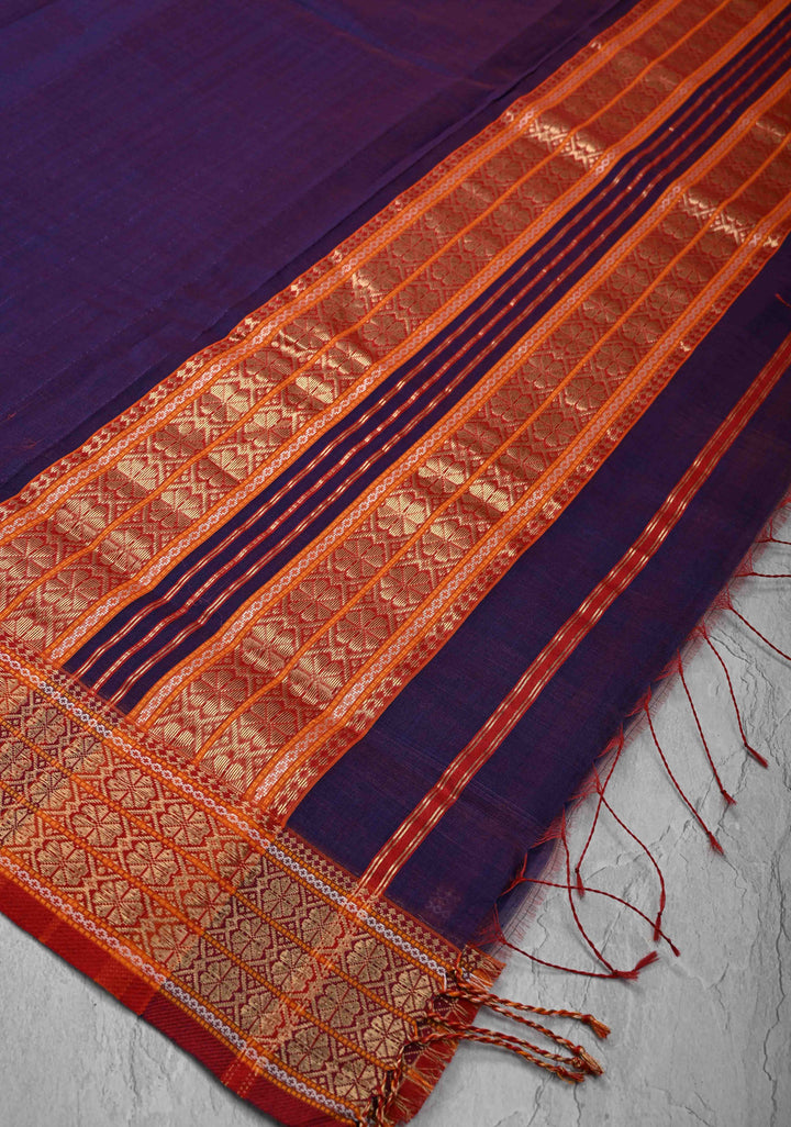 Purple Dual tone Handwoven Maheshwari Silk Cotton Saree with Muted Stripes and Zari Borders