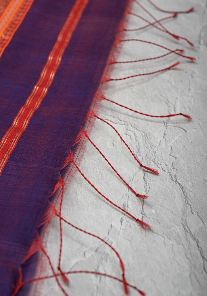 Purple Dual tone Handwoven Maheshwari Silk Cotton Saree with Muted Stripes and Zari Borders