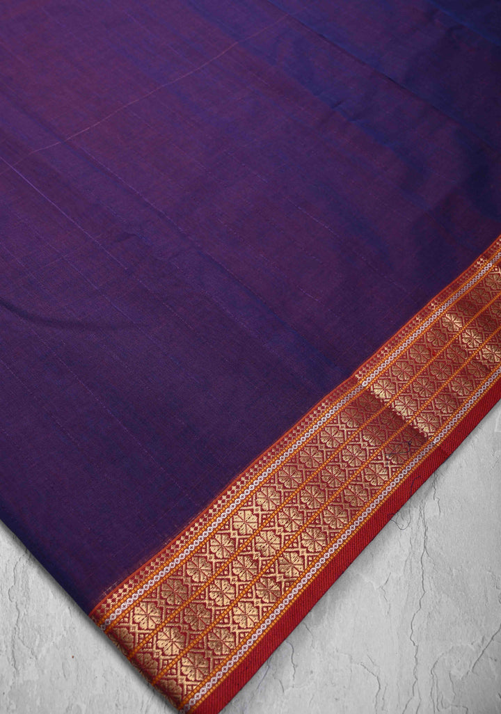 Purple Dual tone Handwoven Maheshwari Silk Cotton Saree with Muted Stripes and Zari Borders