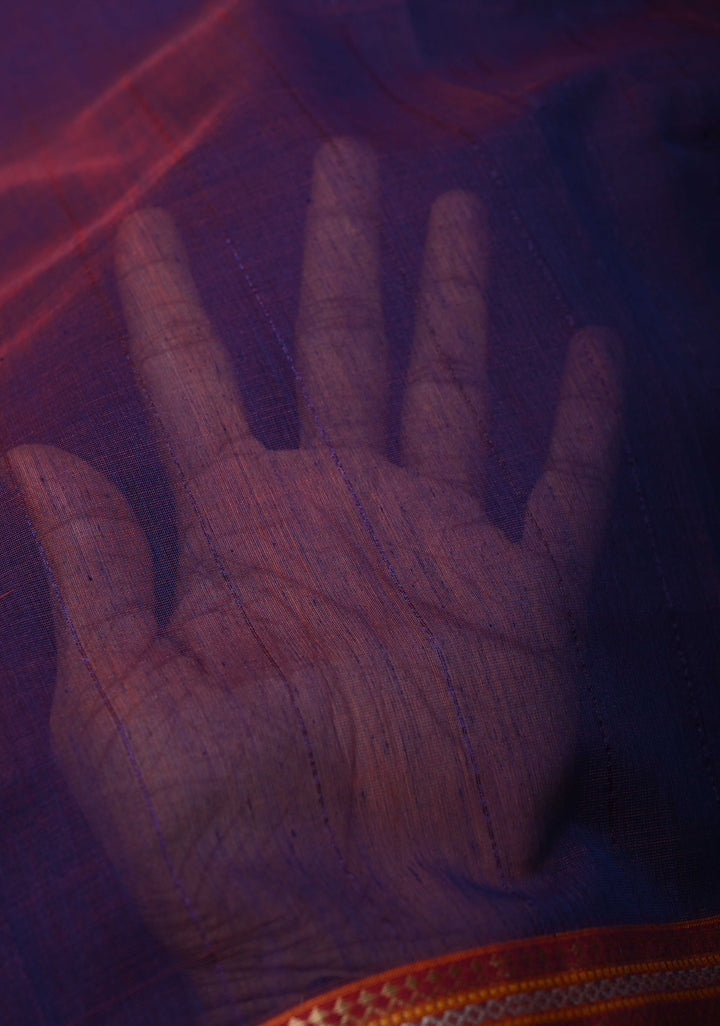 Purple Dual tone Handwoven Maheshwari Silk Cotton Saree with Muted Stripes and Zari Borders