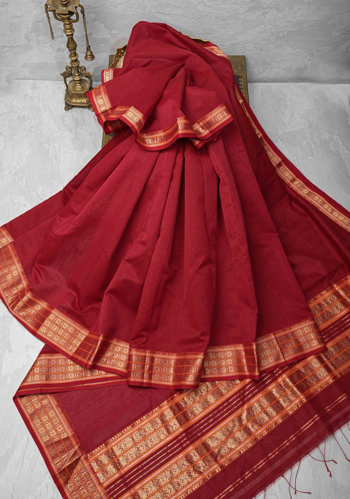 Red Handwoven Maheshwari Silk Cotton Saree with Muted Stripes and Zari Border