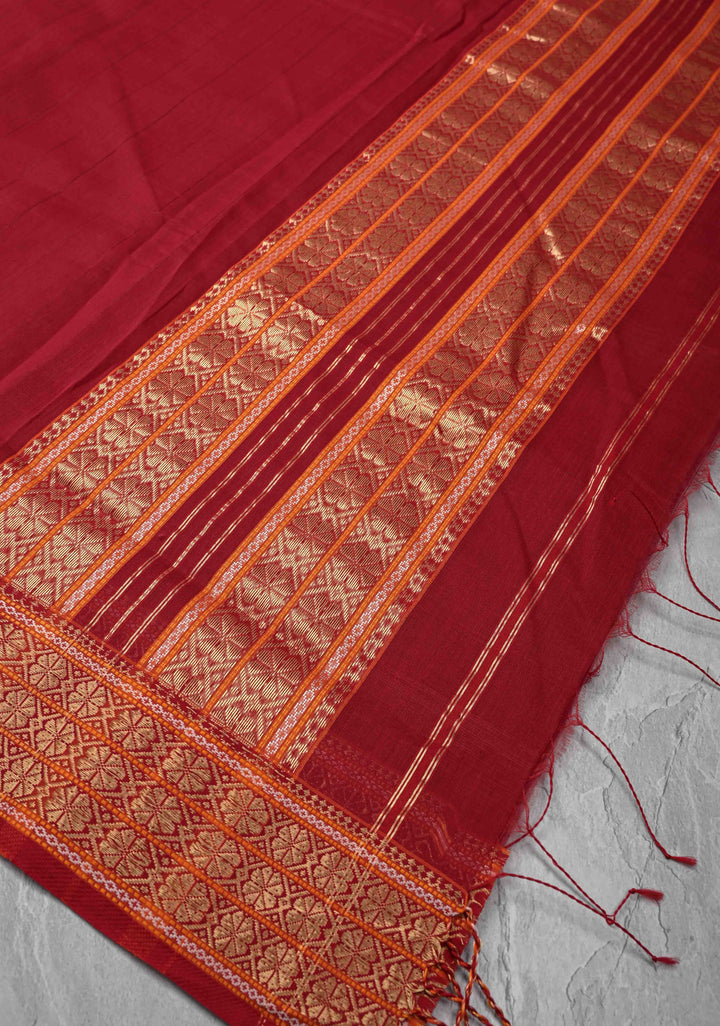 Red Handwoven Maheshwari Silk Cotton Saree with Muted Stripes and Zari Border