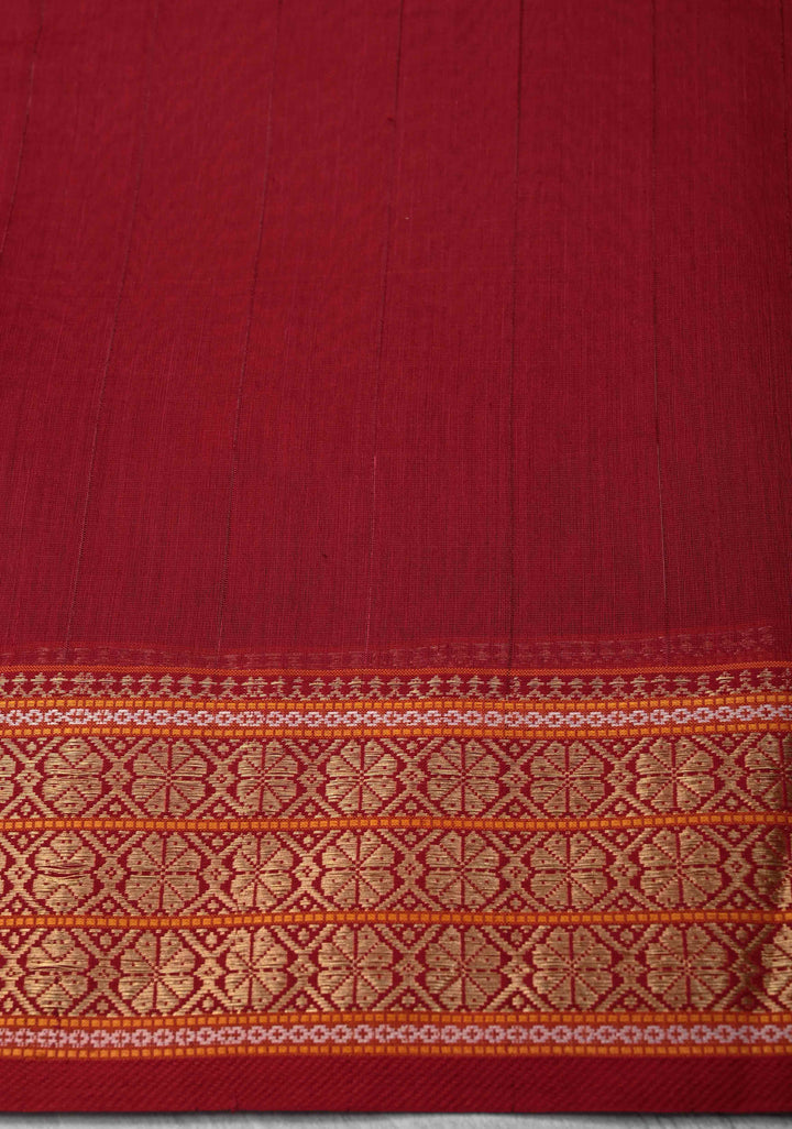 Red Handwoven Maheshwari Silk Cotton Saree with Muted Stripes and Zari Border