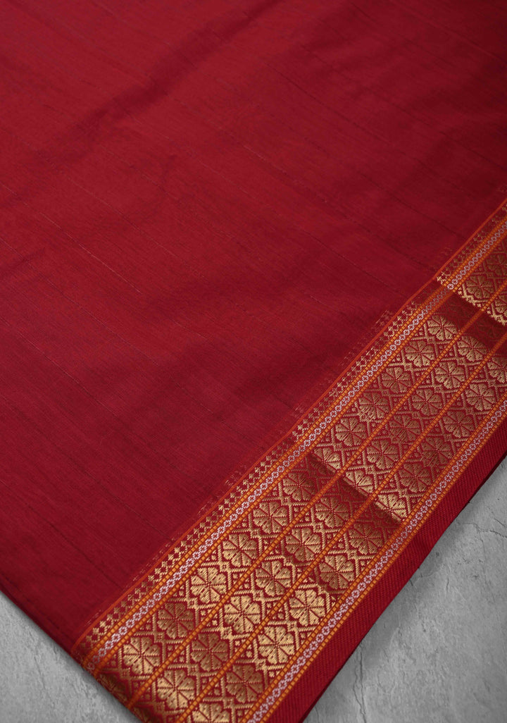 Red Handwoven Maheshwari Silk Cotton Saree with Muted Stripes and Zari Border