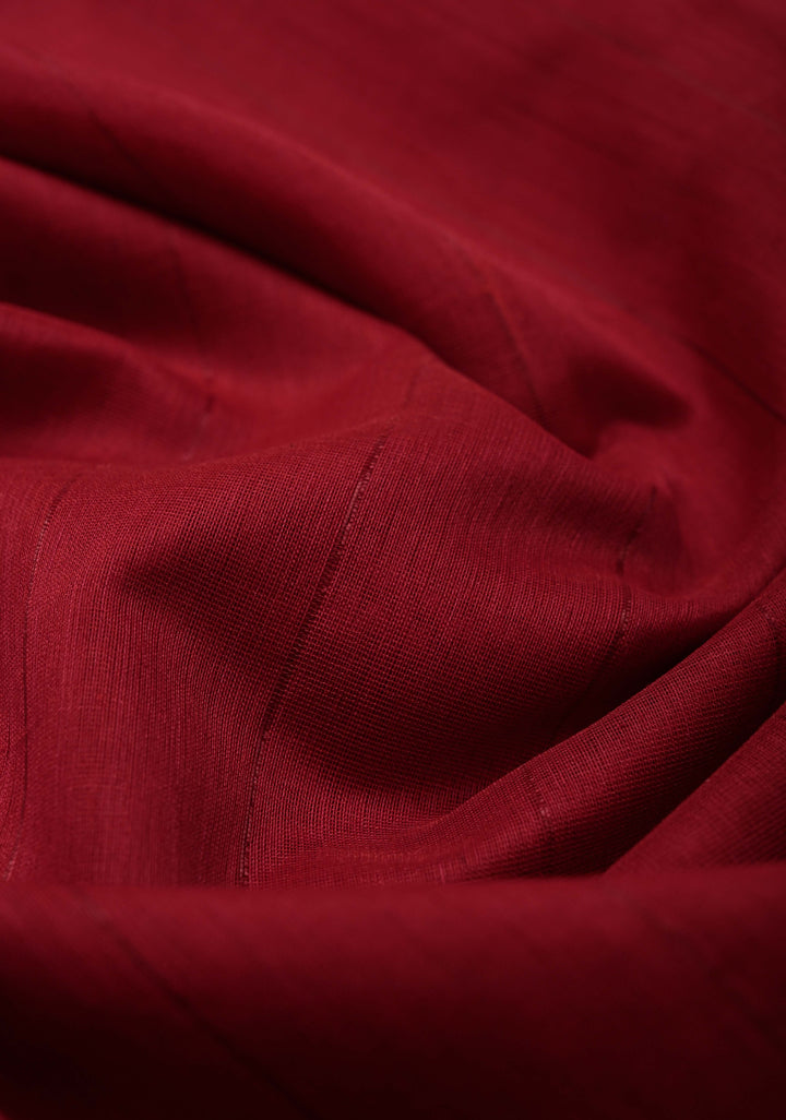 Red Handwoven Maheshwari Silk Cotton Saree with Muted Stripes and Zari Border