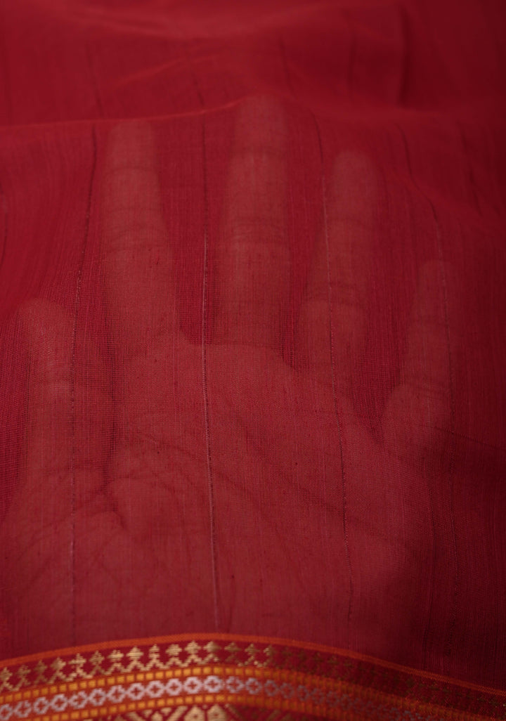 Red Handwoven Maheshwari Silk Cotton Saree with Muted Stripes and Zari Border